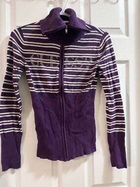 Guess Purple and White Striped Zip-Up Hoodie